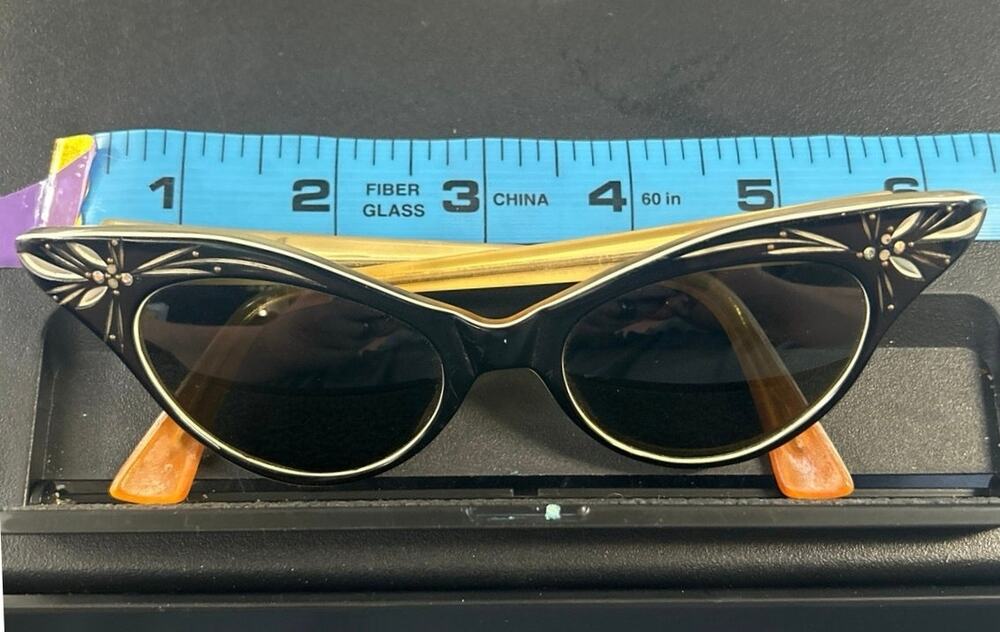 1950’s Cat Eye Sunglasses Black with Floral Pattern and Rhinestones